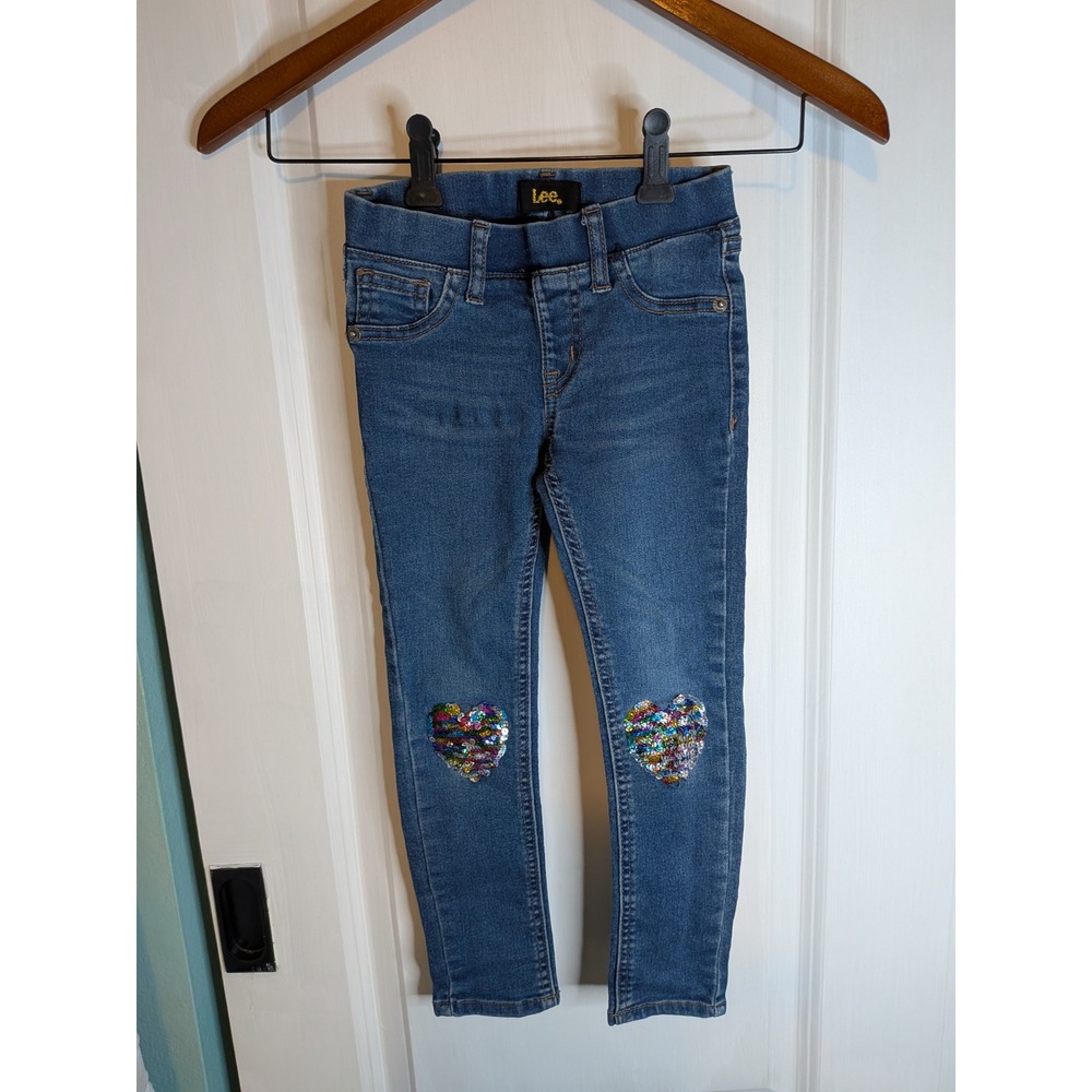Lee Girls Skinny Jeans Medium Wash Sequin Heart Knee Patches Size 5